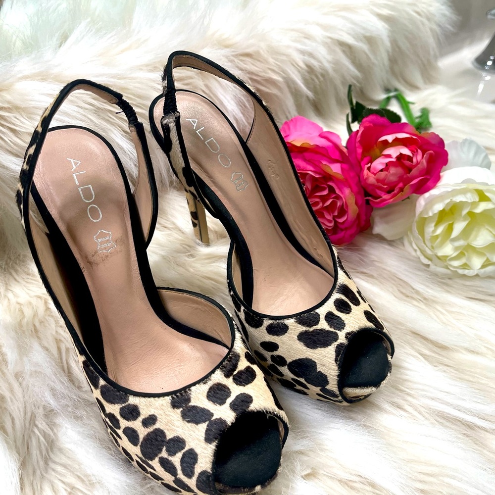 Cheetah print calf hair platform heels